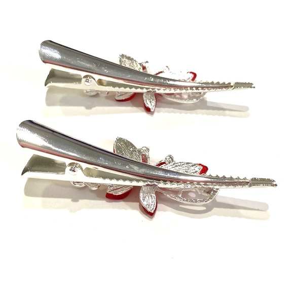 Updo Hair Clips Set of 2 Silver Tone Red Butterflies 3” - Picture 3 of 4